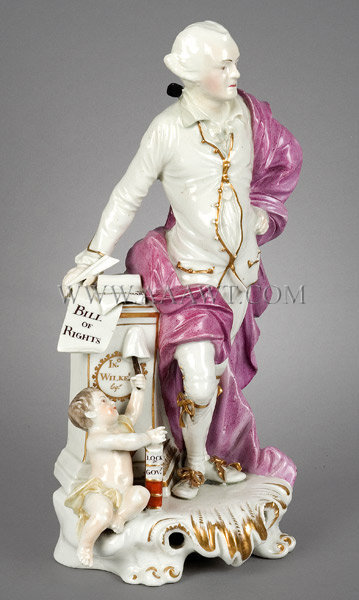 Derby Porcelain Figure, John Wilkes on Rocco Scrolled Pedestal
British politician who endeared himself to the American colonies
Circa 1775, entire view 2